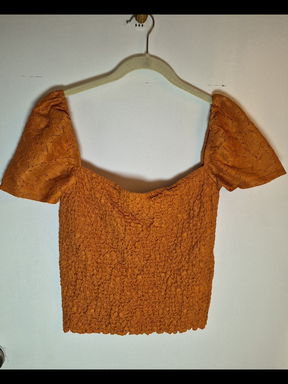 Express One Eleven Orange Puff-Sleeve Smocked Crop Top - Women's